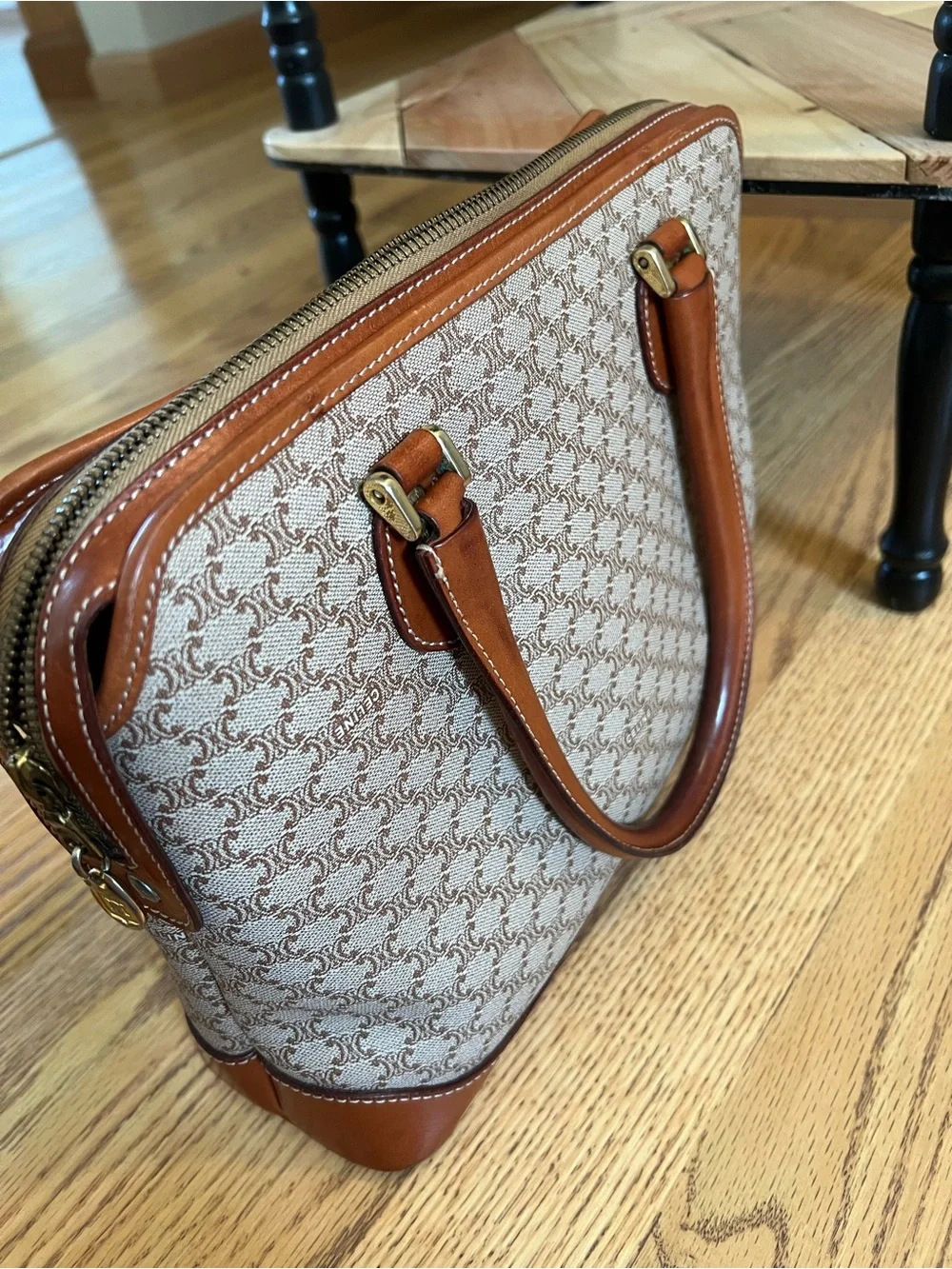 Celine Tan Brown Monogram Satchel with Leather Trim